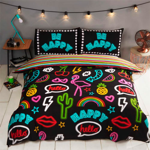 Be Happy Neon Reversible Duvet Cover Bedding Set