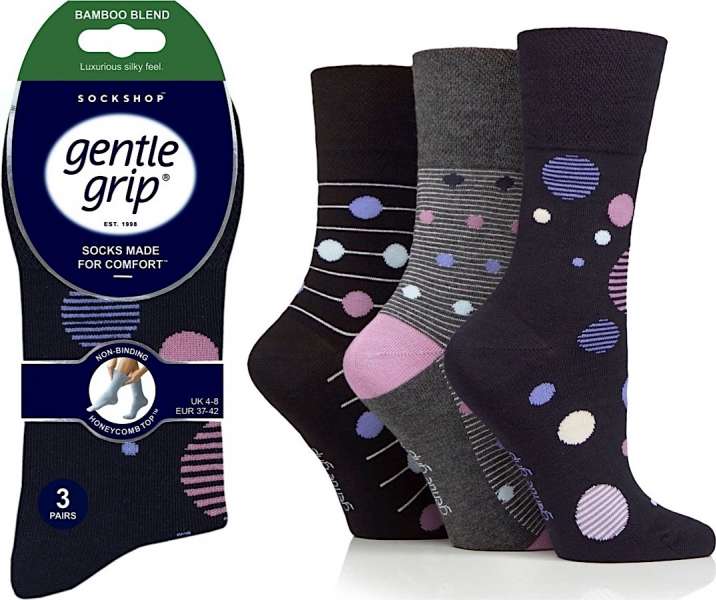 6 Pairs Ladies Bamboo Gentle Grip Non Binding Socks Multi Spots