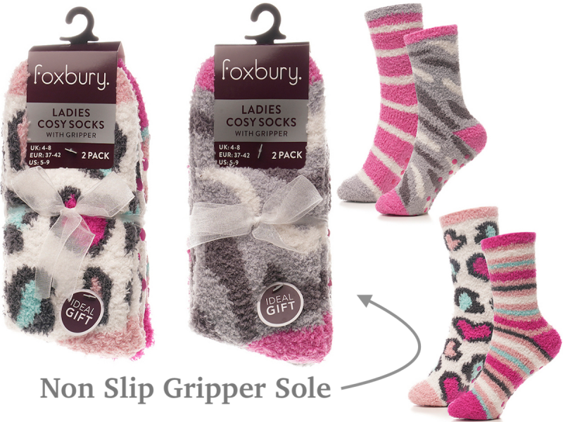 4 Pack Ladies Soft & Cosy Fluffy Lounge Bed Socks with Gripper Non-Slip UK Size 4-8 Assorted