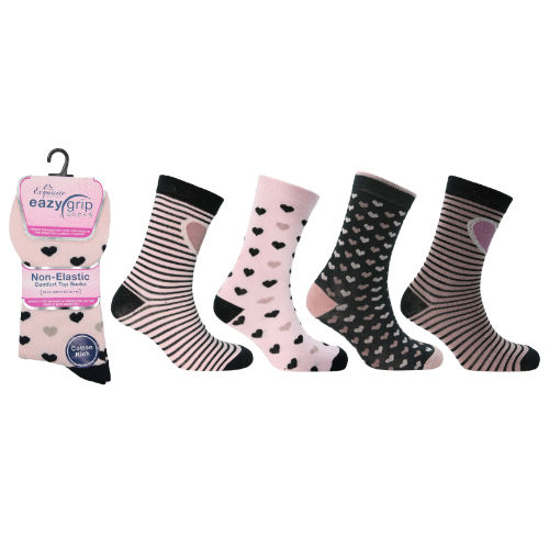 6 Pairs Ladies Eazygrip Non Binding Heart & Stripe Ankle Socks UK Size 4-7