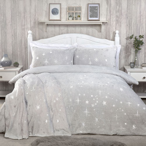 Scattered Stars Comfy Fleece Duvet Cover Bedding Set Silver