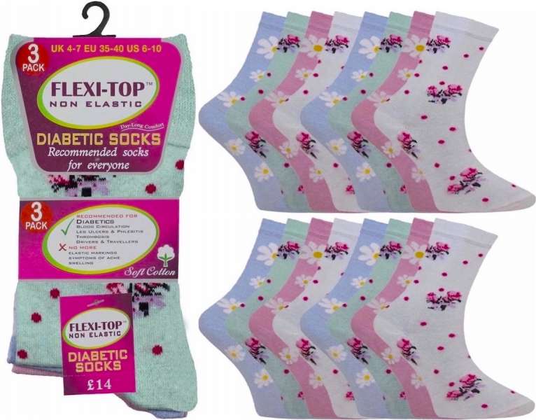 6 Pairs Ladies Floral Pink Non Binding Loose Elasticated Soft Top Socks UK 4-7