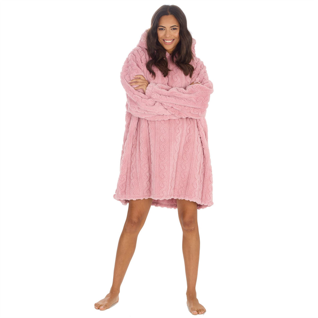 Sherpa Oversized Hoodie Adults Cable Fleece Hooded Snuggle Lounge Blanket Jumper Pink