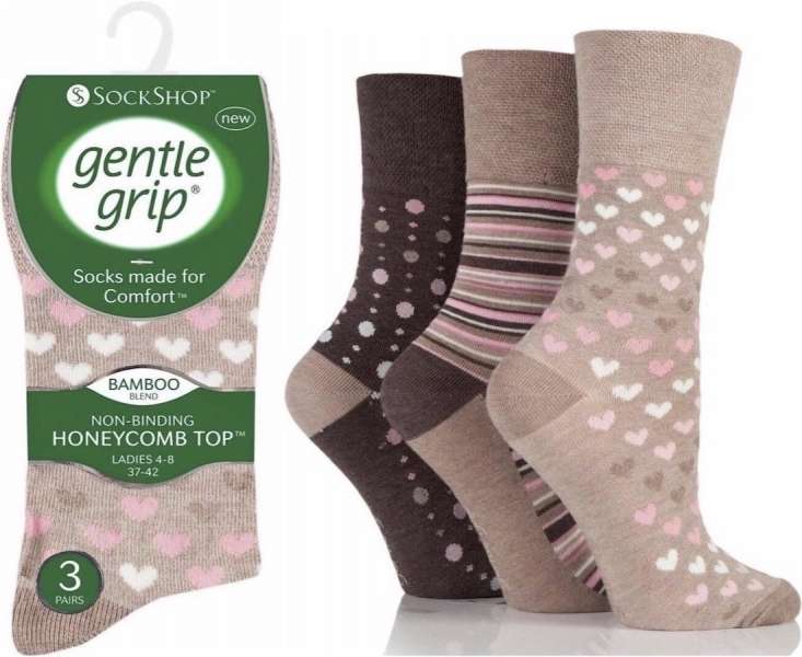 6 Pairs Ladies Bamboo Gentle Grip Non Binding Socks Beige