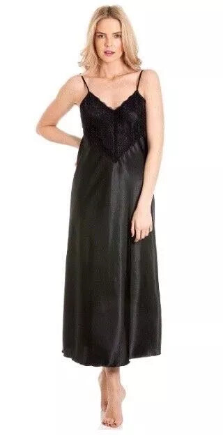 English Made Satin Long Nightdress with Deep Lace Detail