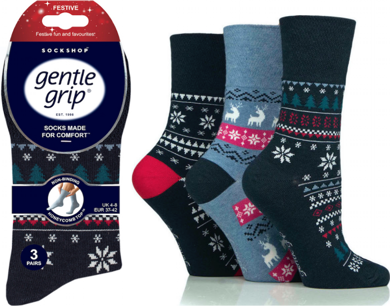 6 Pairs Ladies Gentle Grip Cotton Rich Non Binding Honeycomb Loose Top Socks 4-8 Christmas Fair-Isle