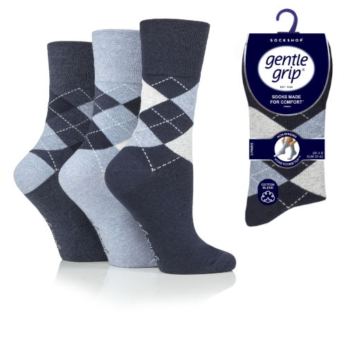 6 Pairs Ladies Gentle Grip Cotton Rich Non Binding Honeycomb Loose Top Socks 4-8 Argyle Denim