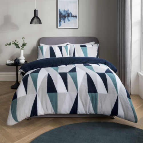 Geo Triangle Teddy Fleece Grey Duvet Cover Bedding Set Navy