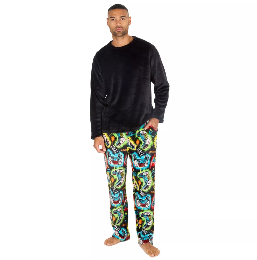 Men's Plain Top & Printed Controller Pant Lounge Pyjama Set Navy Multi