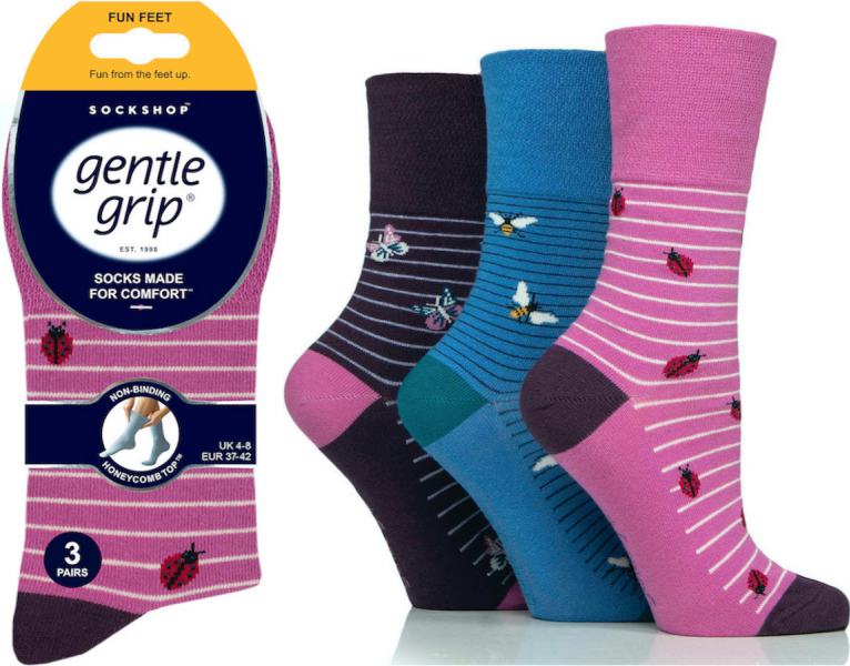 6 Pairs Ladies Gentle Grip Cotton Rich Non Binding Honeycomb Loose Top Socks 4-8 Beautiful Bugs