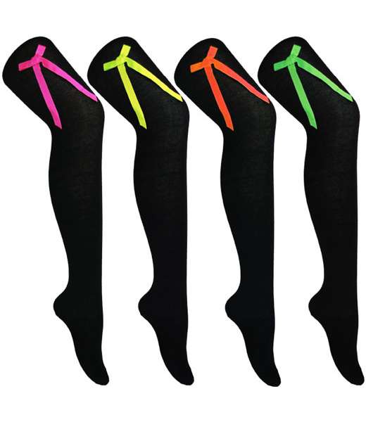 12 Pairs Girls Black with Neon Bow Over the Knee Socks Size 4-6