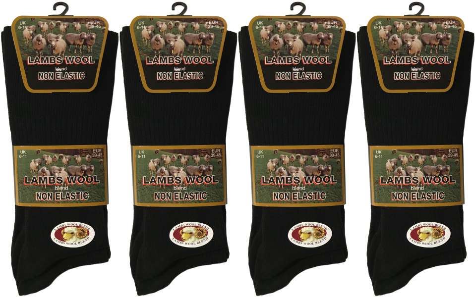 12 Pairs Men's Diabetic Lambs Wool Blend Non Binding Socks Black