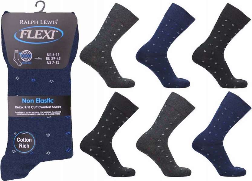 6 Pairs Men's Flexi-Top Non Binding Loose Elasticated Soft Top Socks Diamond Multi