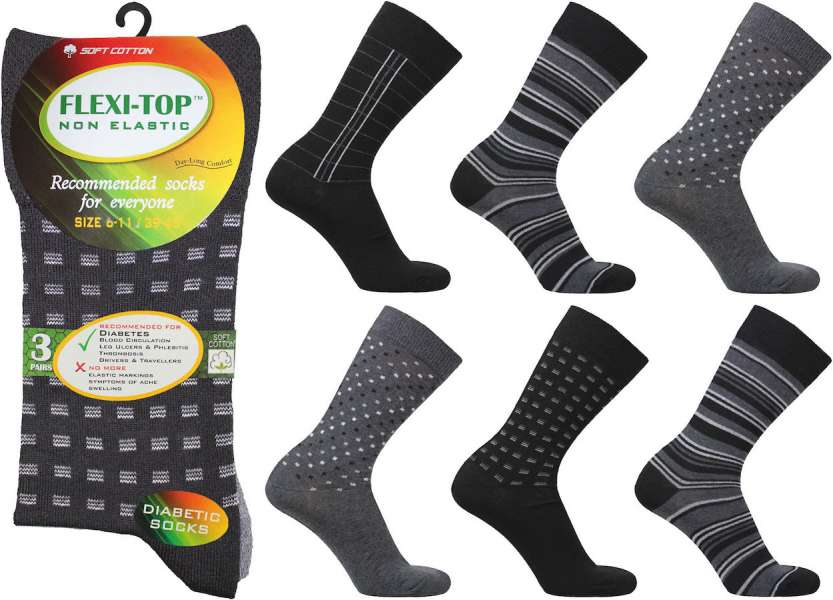 12 Pairs Men's Flexi-Top Non Binding Loose Elasticated Soft Top Socks Grey Stripe