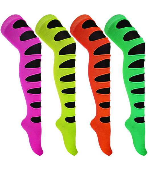 12 Pairs Girl Neon Ripped Effect Over the Knee Socks Size 4-6