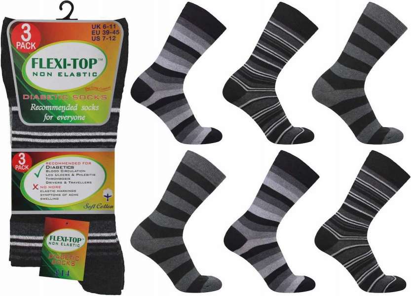 6 Pairs Men's Flexi-Top Non Binding Loose Elasticated Soft Top Socks Grey Black Stripes