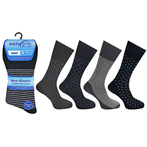 12 Pairs Men's Eazy Grip Non Elastic Socks Black Stripe Mix