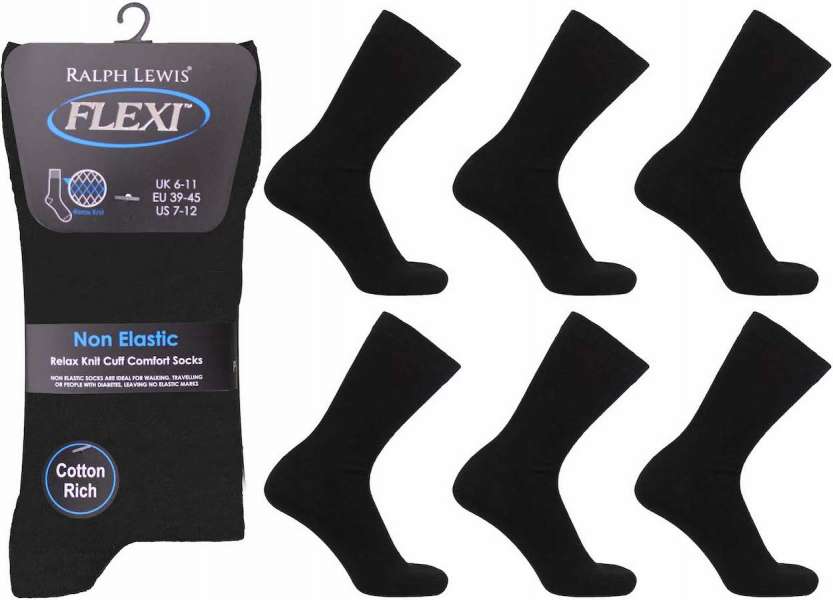 6 Pairs Men's Flexi-Top Non Binding Loose Elasticated Soft Top Socks Black