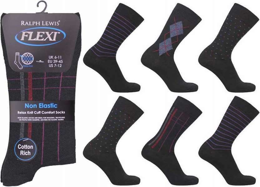 6 Pairs Men's Flexi-Top Non Binding Loose Elasticated Soft Top Socks Argyle Pattern