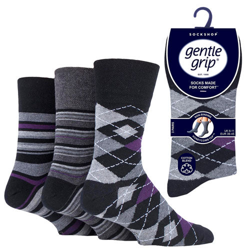 6 Pairs Men's Gentle Grip Cotton Socks Argyle Formality Black Charcoal