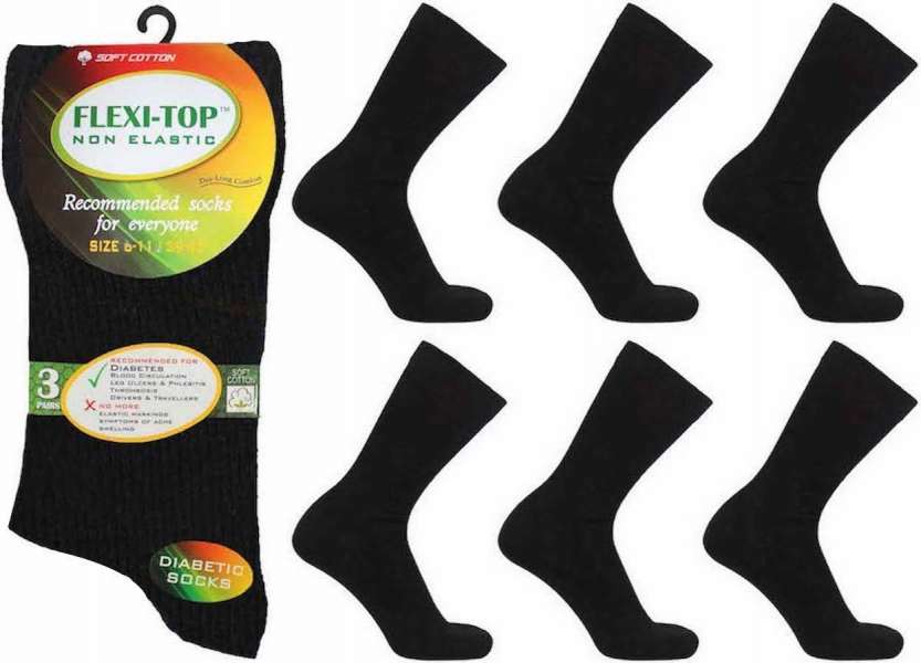 6 Pairs Men's Non Binding Loose Elasticated Soft Flexi-Top Socks Plain Black