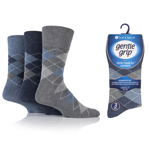 6 Pairs Men's Gentle Grip Cotton Socks Leven Argyle Blue Grey