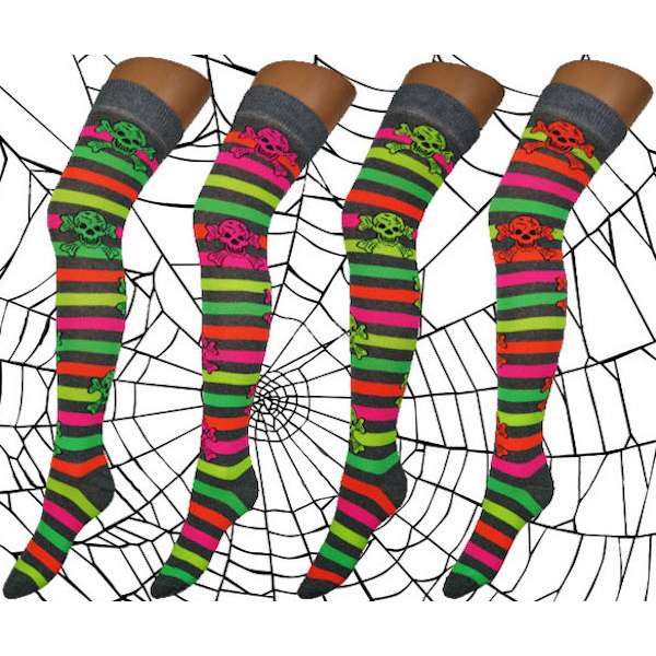 12 Pairs Girl Neon Grey Stripe Skull & Crossbones Effect Over the Knee Socks Size 4-6