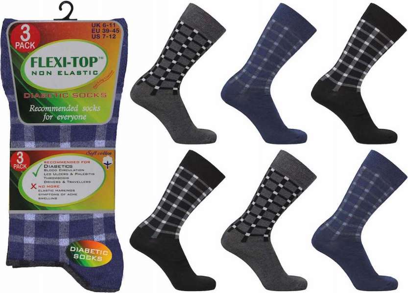 12 Pairs Men's Flexi-Top Non Binding Loose Elasticated Soft Top Socks Grey Black Check