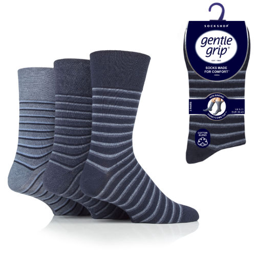 12 Pairs Men's Gentle Grip Cotton Socks Stripe Navy Denim