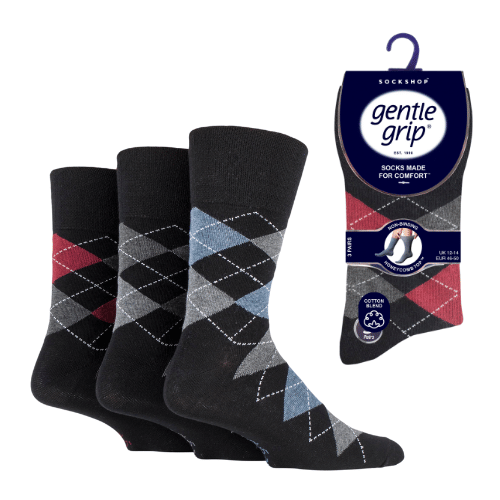 12 Pairs Men's Bigfoot Gentle Grip Cotton Socks Black Argyle