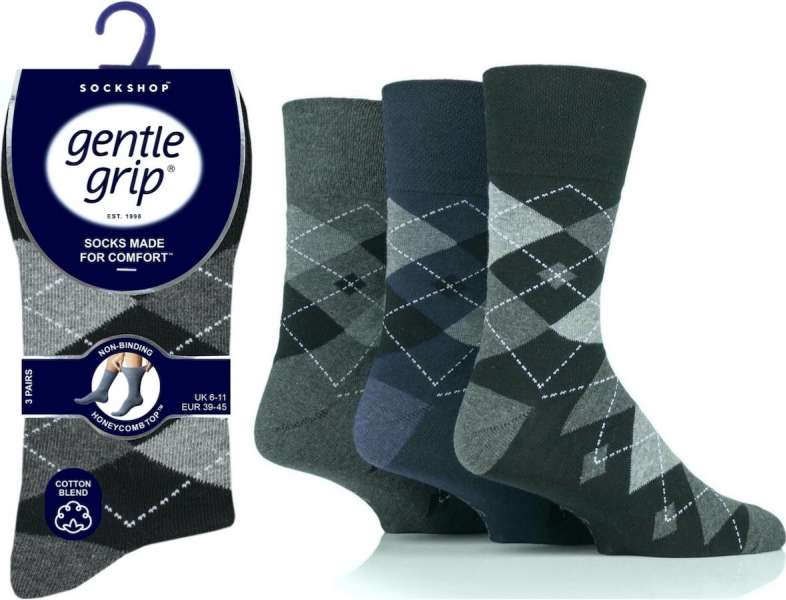 12 Pairs Men's Gentle Grip Cotton Socks Leven Argyle Black Navy Charcoal