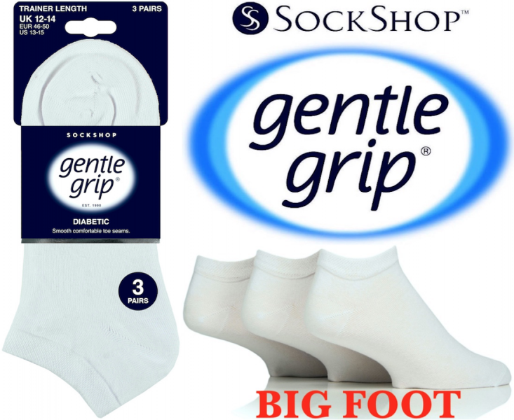 6 Pairs Men's Bigfoot Gentle Grip Diabetic Trainer Socks White