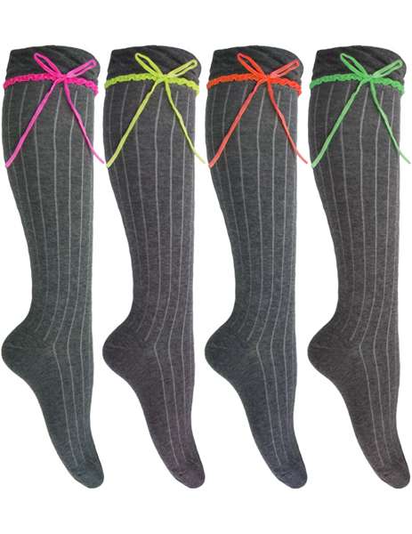 12 Pairs Girls Marl Grey with Neon Velour Ribbon and Bow Socks Size 4-6