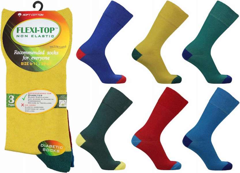 6 Pairs Men's Non Binding Loose Elasticated Soft Flexi-Top Socks Heel Toe Tropical Burst