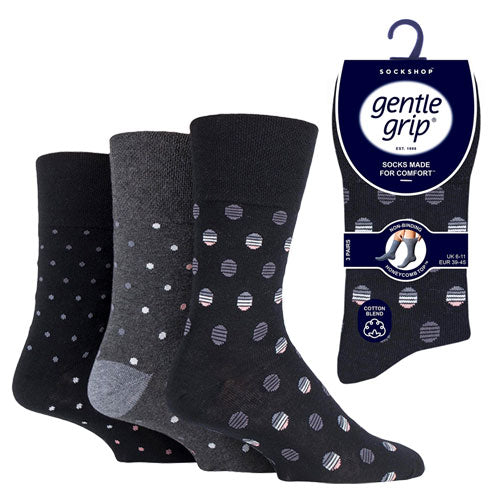 6 Pairs Men's Gentle Grip Cotton Socks Polka Pop Black Charcoal