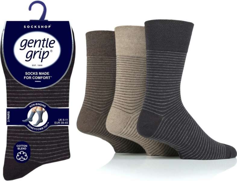 6 Pairs Men's Gentle Grip Cotton Socks Fine Stripe Brown Natural