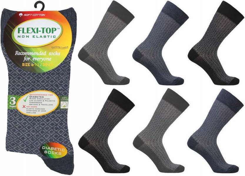 6 Pairs Men's Jacquard Non Binding Loose Elasticated Soft Flexi-Top Socks Diamond Stitch