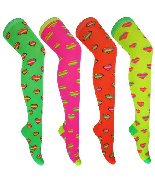 12 Pairs Girls Neon Stripe Hearts Over the Knee Socks Size 4-6