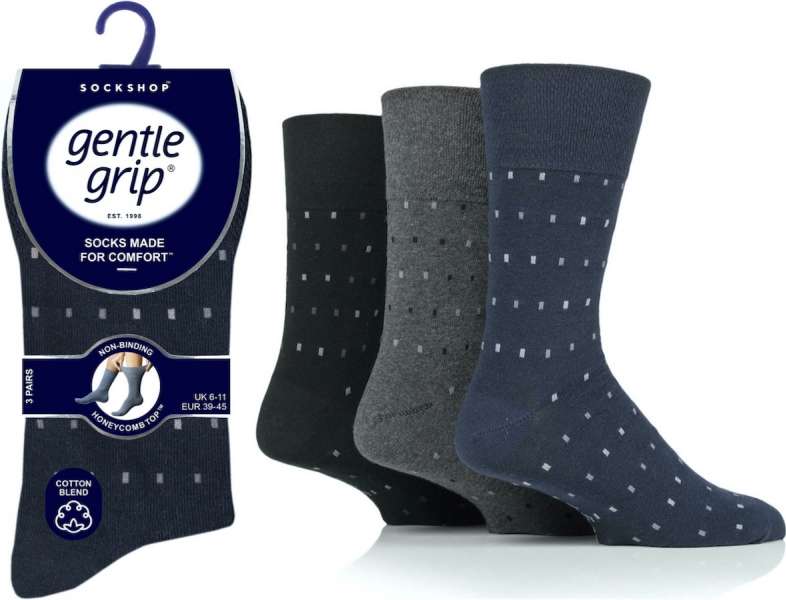 12 Pairs Men's Gentle Grip Socks Concerto Micro Rectangle Black-Navy-Charcoal