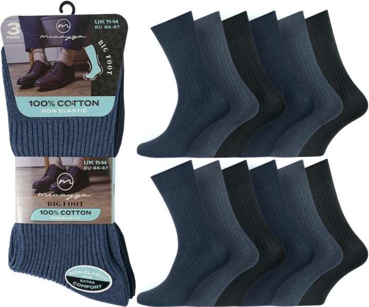 12 Pairs Men's Big Foot Non-Elastic 100% Cotton Assorted Socks UK 11-14 Blue Assorted