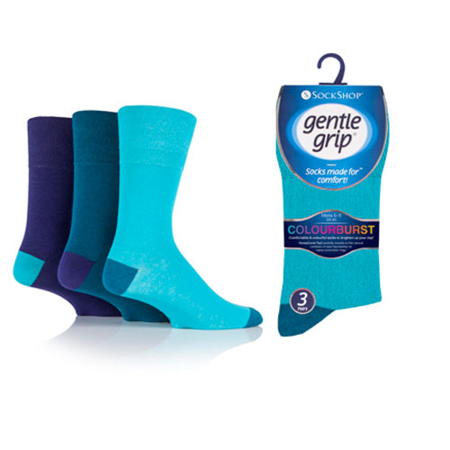 3 Pairs Men's Gentle Grip Cotton Socks Colourburst Aqua