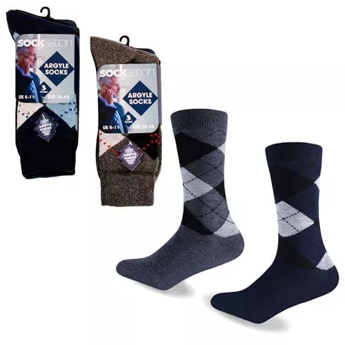 12 Pairs Mens Argyle Grey Black Mix Cotton Rich Socks