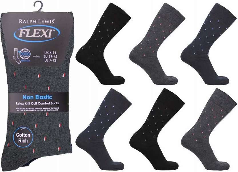 6 Pairs Men's Flexi-Top Non Binding Loose Elasticated Soft Top Socks Rain Drops