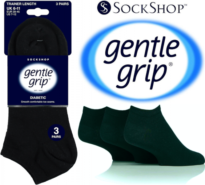 12 Pairs Men's Gentle Grip Diabetic Trainer Socks Black