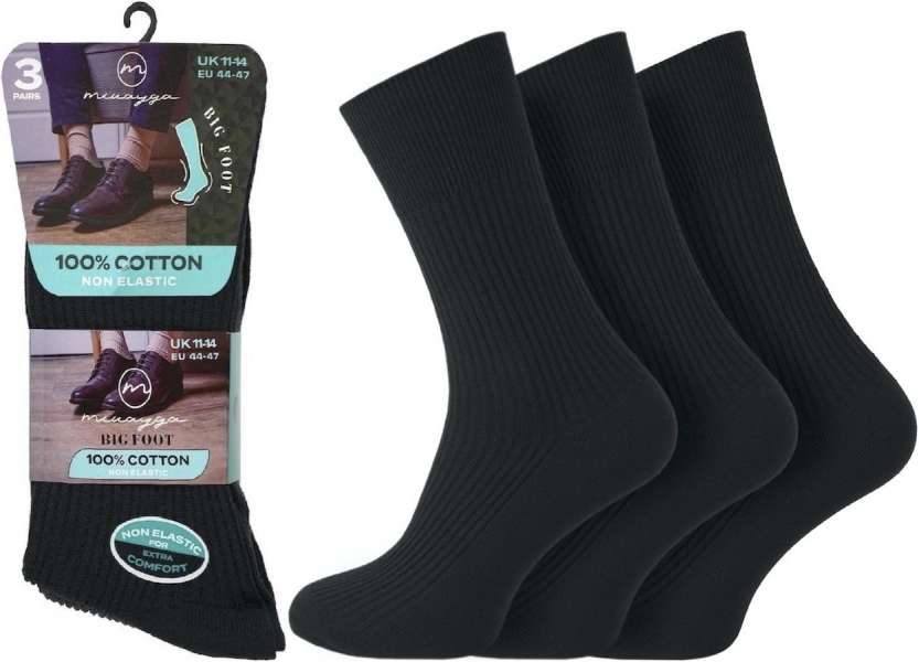 12 Pairs Men's Big Foot Non-Elastic 100% Cotton Assorted Socks UK 11-14 Black