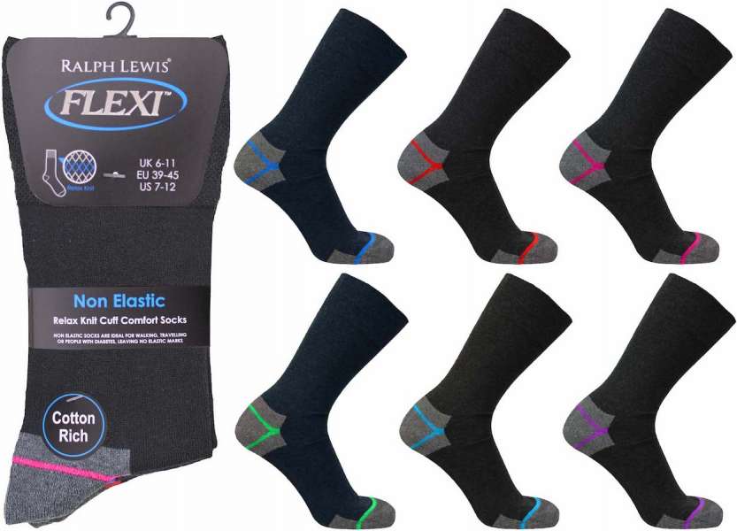 6 Pairs Men's Flexi-Top Non Binding Loose Elasticated Soft Top Socks Heel Toe Multi