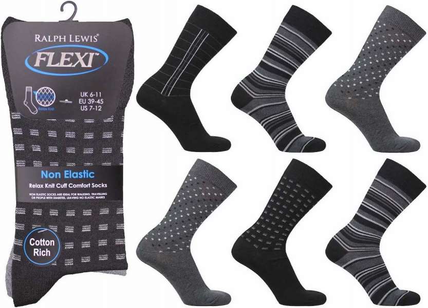 6 Pairs Men's Flexi-Top Non Binding Loose Elasticated Soft Top Socks Stripes