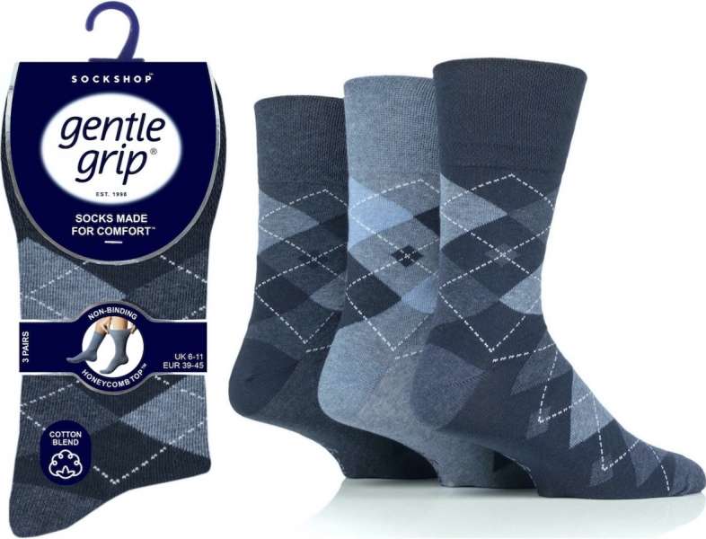 6 Pairs Men's Gentle Grip Cotton Leven Argyle Navy Denim