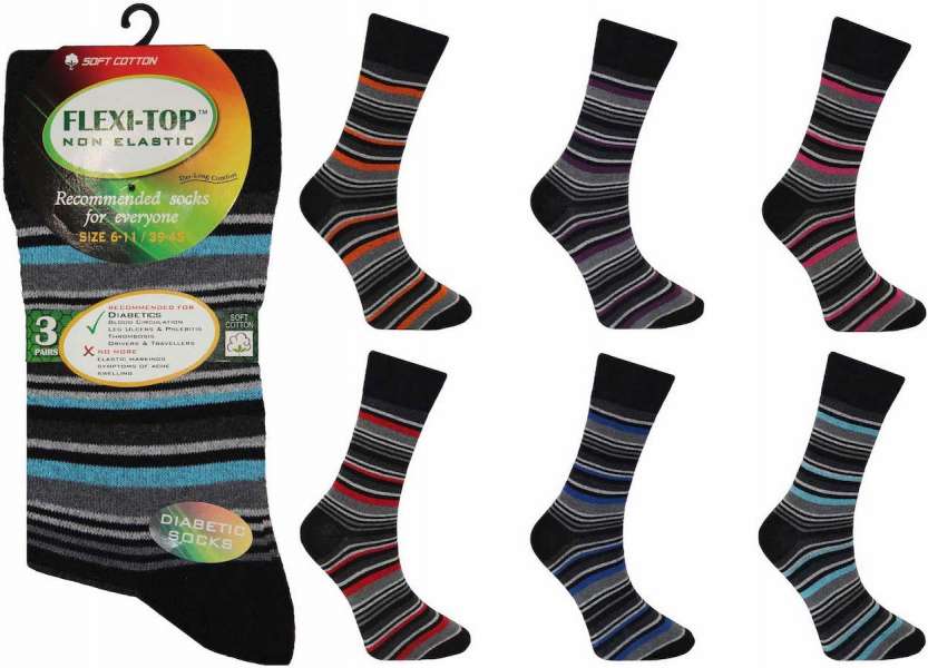 12 Pairs Men's Flexi-Top Non Binding Loose Elasticated Soft Top Socks Boston Stripe