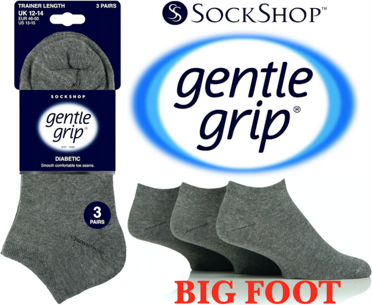 6 Pairs Men's Bigfoot Gentle Grip Diabetic Trainer Socks Grey